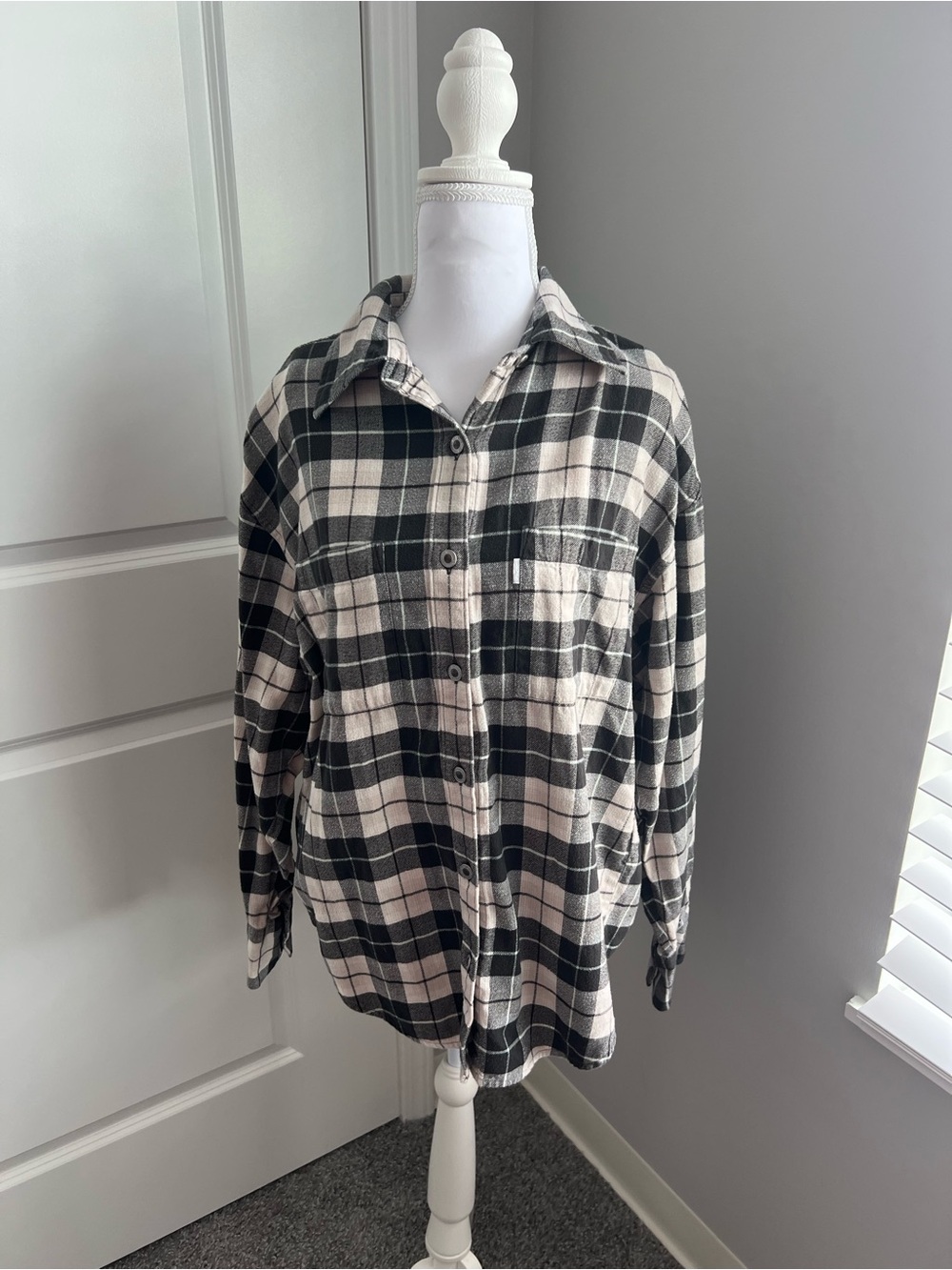 Relaxed Plaid Button-Down Shirt in Black and Cream